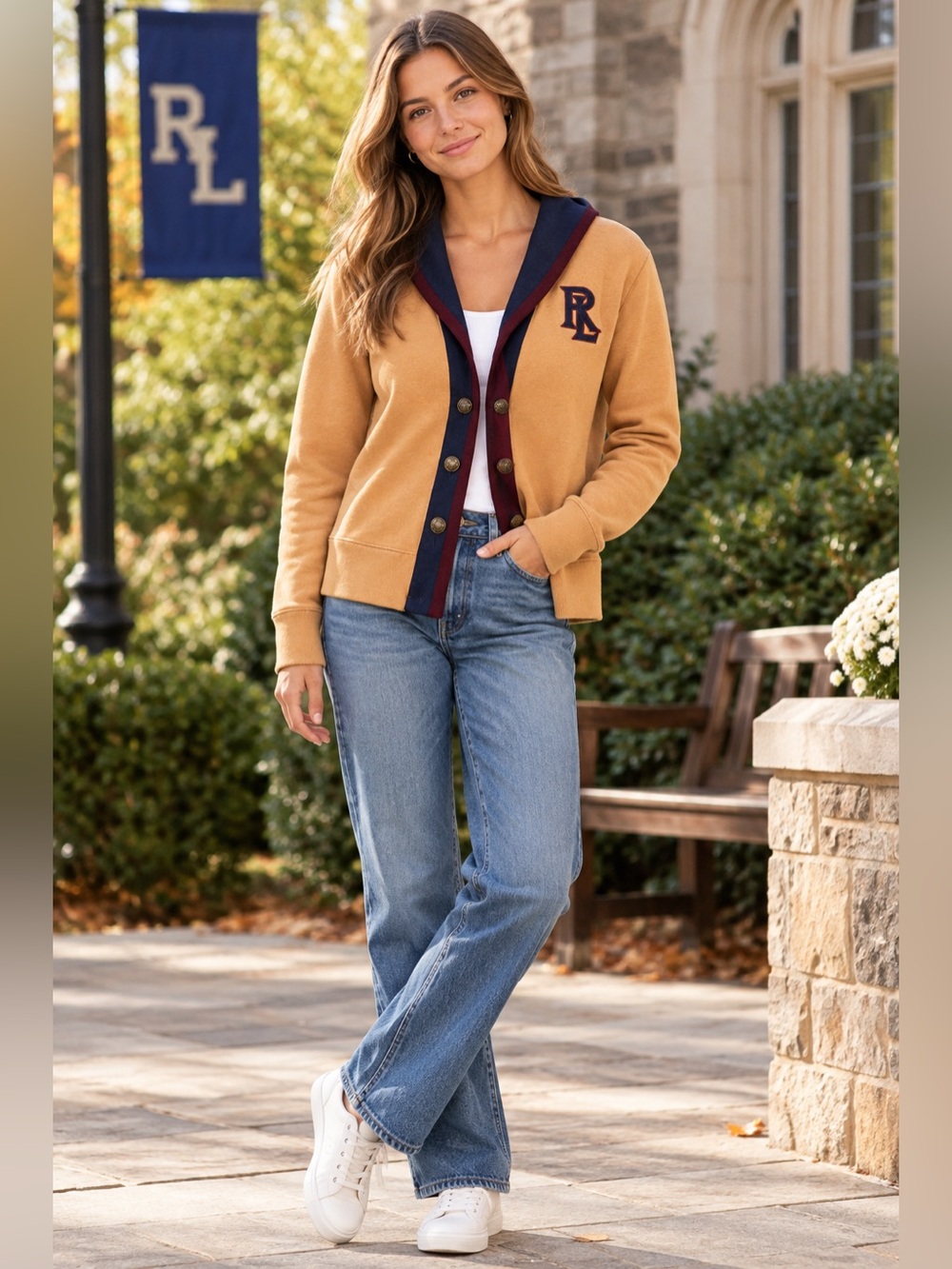 Ralph Lauren Camel Cardigan with Navy and Burgundy Trim